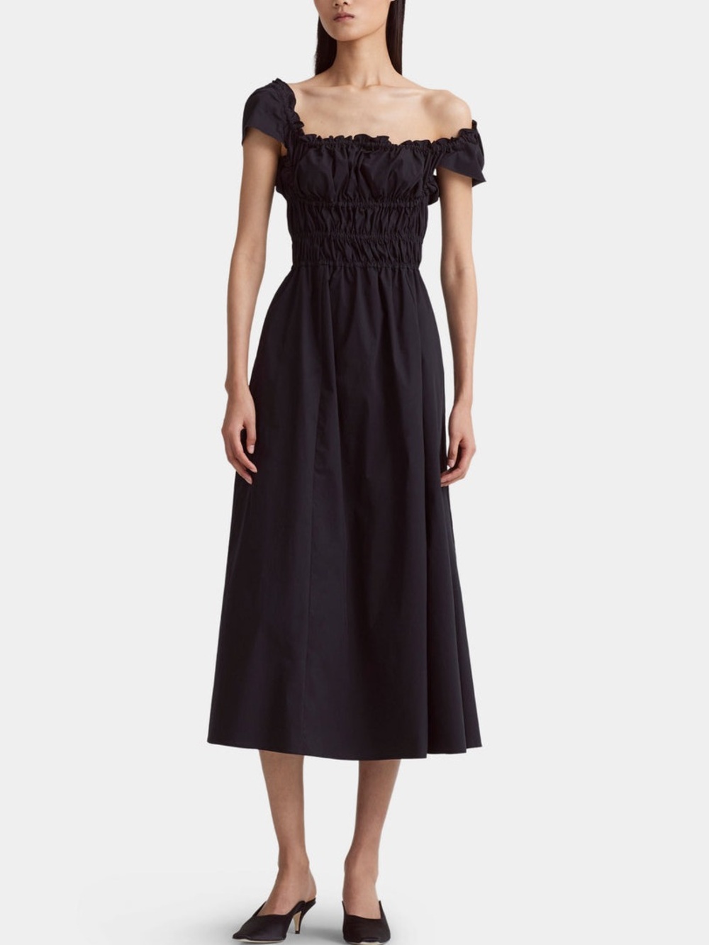 NEW ALTUZARRA Lily Dress Black Cotton Poplin Smocked Midi Size 40 US 4
